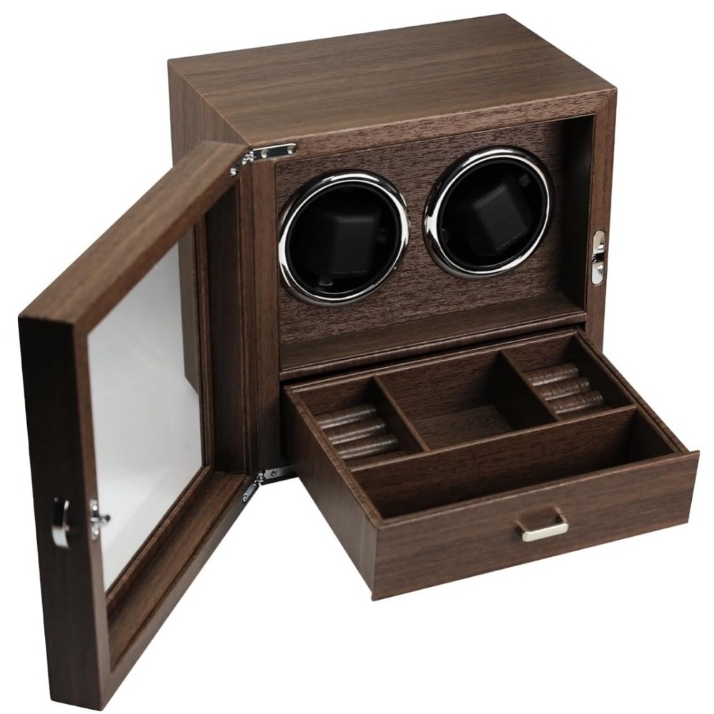 Double Automatic Watch Winder Jewelry Box Walnut Wood Rechargeable Dual Rotator‎